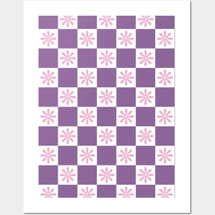 Retro Purple, Pink Checkered Floral Pattern Posters and Art